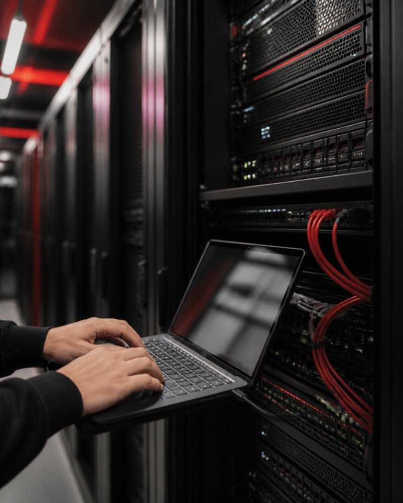IT engineer working on a laptop in a server room at Pentacle IT Solutions